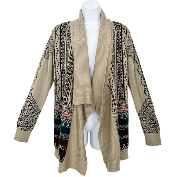 Anthropologie Staring At Stars Open Front Cardigan Sweater Tan Multi Sz M - Picture 1 of 7